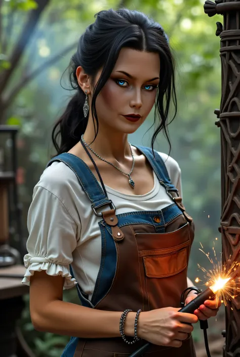  beautiful woman,  blue eyes,  black hair, silver jewelry,  white shirt,  denim jumpsuit, blacksmith leather apron, welding blacksmithing, in a forest with wrought iron and blacksmith ornaments all around it,  good lighting , realism.