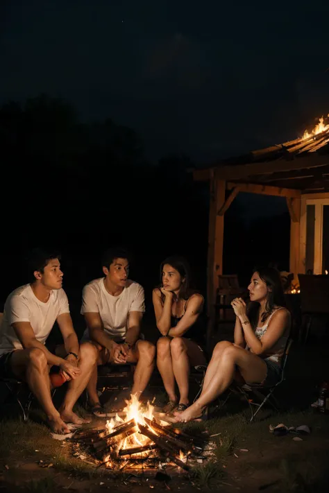 Make 5 people gather at a bonfire at a creepy nighttime