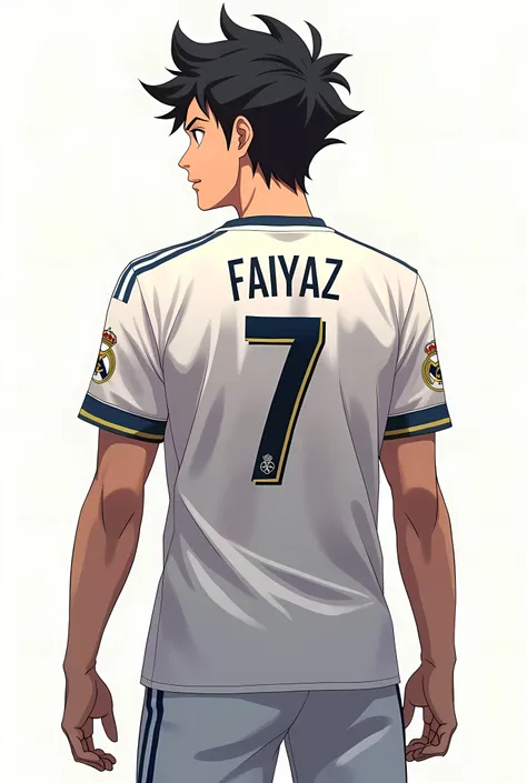 A Anime Character Stand And Wear Real Madrid Jersy Show His Back The Jersy Number is 7 And Jersy Name Is Faiyaz Also Make Some Muscles 