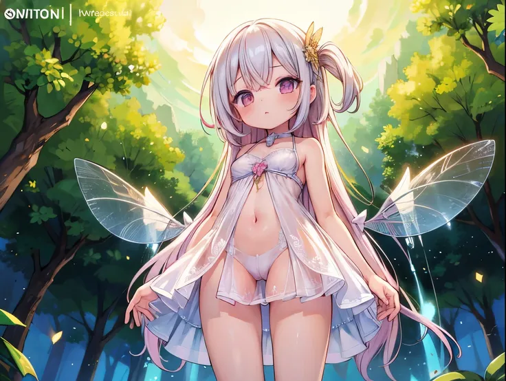 nsfw,(( best quality)), (( masterpiece)), (  Details),  1 girl,  Toddler type,Big Mayfly Wings on the back , see-through mini dress,from front,from below,Photograph the whole body