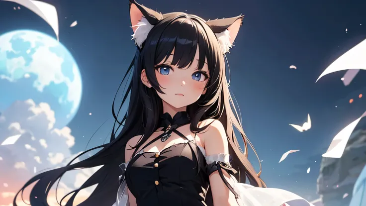 Anime girl character with flowing soft black hair, with cat ears and wearing a dress, with a background