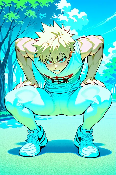 bakugo katsuki,  red eyes, cabello rubio,  Detailed,  short hair, wide shoulders ,  muscular male ,  Alone ,  male approach,  white sleeveless t-shirt, 8K, park background,   blue sky,  nubes blancas, by day,  seen from the front,  angry expression ,  five...