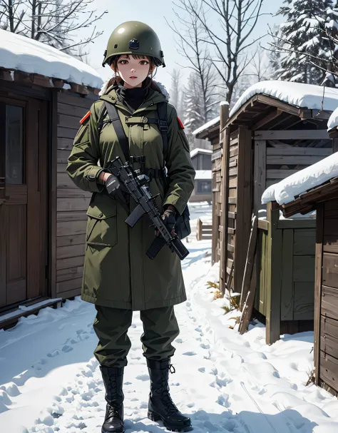 A female soldier wearing a thick dark olive green coat、Wear a helmet、Winter gloves 、Tactical shoulder strap、Magazine Pouch、Guns in their hands 、Standing guard 、 Snowy military camp、 masterpiece、  Best Quality 、 Highly Detailed CG 、 8K Picture Quality