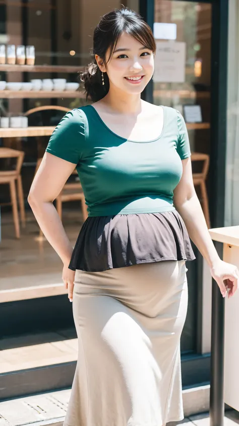 masterpiece, Best Quality, 8K,looking at the viewer,Japanese Lady,20 years old, huge pregnant, Voluptuous, coffee shop background, plain peplum shirt, midi skirt, standing, chignon hair, smile