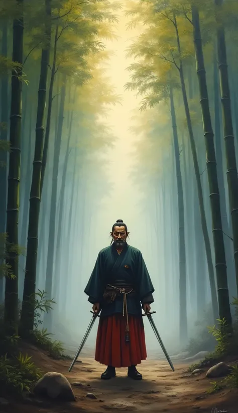 A striking oil painting of Miyamoto Musashi standing alone in a misty Japanese forest at dawn. His weathered face, painted with deep, expressive brushstrokes, reflects the wisdom of countless battles. His twin swords, the katana and wakizashi, glisten in t...