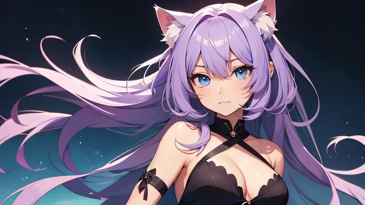 Anime girl character with purple flowing hair, blue eyes with cat ears and wearing a dress, with a background
