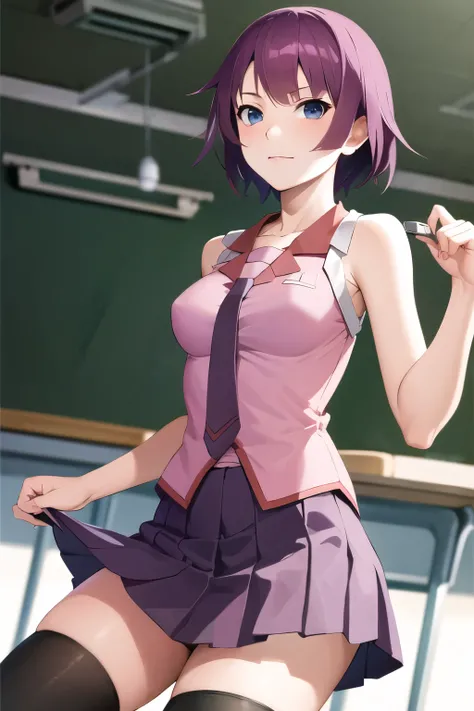 (masterpiece), (best quality), (senjougahara hitagi), short hair, sleeveless, necktie, school uniform, pleated skirt, black thighhighs, pink shirt, cowboy shot, classroom