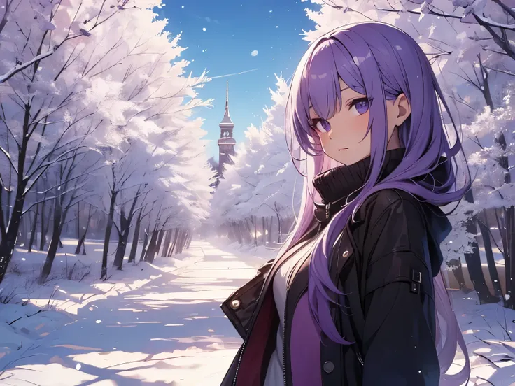 Anime girl character with purple flowing hair, and wearing a winter dress, with a background