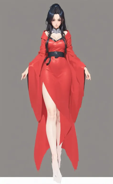 a drawing of a woman in a red dress with a black belt, grayscale phtoto with red dress, fully clothed in red robes, full body concept, anime woman fullbody art, red robes, anime full body illustration, flowing robes, full body with costume, outfit design, ...