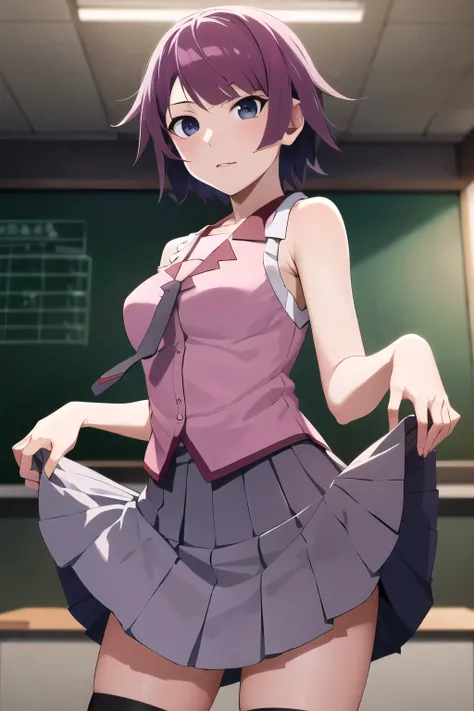 (masterpiece), (best quality), (senjougahara hitagi), short hair, sleeveless, necktie, school uniform, pleated skirt, black thighhighs, pink shirt, cowboy shot, (white Cotton Panties), (skirt lift:1.5), classroom