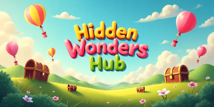 A magical land with rolling green hills, floating balloons, and playful treasure chests scattered around. The title "Hidden Wonders Hub" is displayed in a happy, rounded font with a rainbow outline.