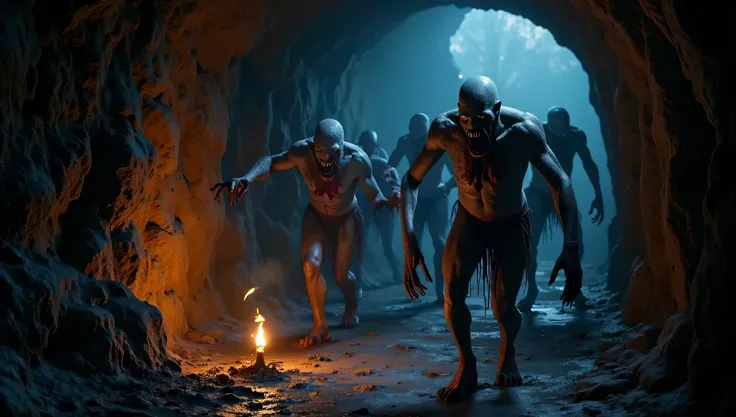 Create a highly detailed, ultra-realistic scene in a pitch-dark, ominous cave hall. The only light comes from a flickering torch, casting long, eerie shadows across the cavern. Grotesque zombies emerge from the darkness, their decaying forms horrifyingly d...