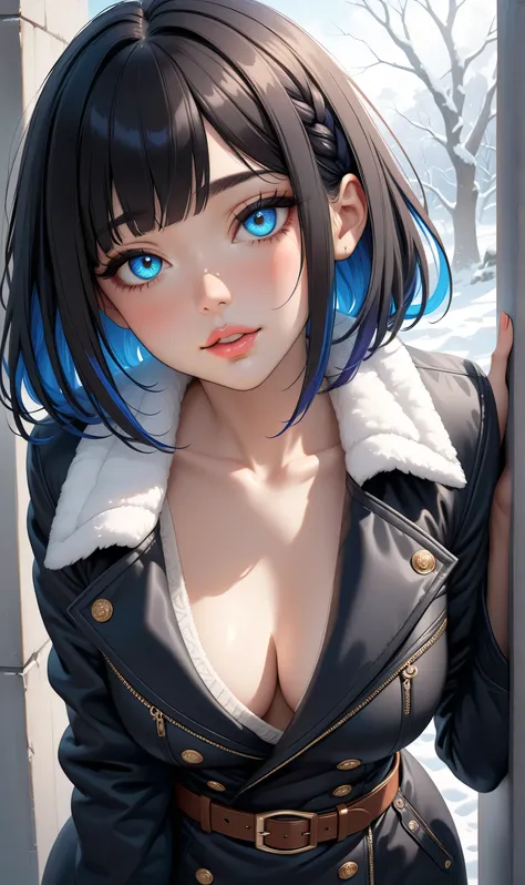 ((Random porn pose)), (Cute girl), ((Ultra detailing)), (very aesthetic, best quality, ultra detailed), intricate details, 1girl, Black hair, short hair, (Random hairstyle), Blue inner hair  ,,((Detailed eyes)), ((Beautiful eyes)), ((prefect eyes)), ((Beau...