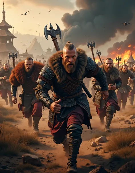 **Prompt:** Create an intricately detailed landscape scene of a Viking raiders tribe army during the medieval age, showcasing hyper-realism and a symmetrical composition. Capture the scene from an ultra-wide angle to immerse the viewer in this burning medi...