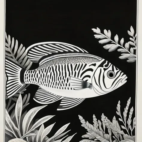 zebra fish in black and white with yellow stripes laying on leaves, by Elizabeth Jane Lloyd, an illustration of, finely detailed illustration, detailed illustration, ancient fish, by Richard Mayhew, h. hydrochaeri, by Betty Merken, highly detailed drawing,...