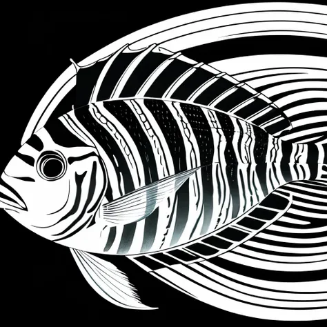 zebra fish in black and white with yellow stripes laying on leaves, by Elizabeth Jane Lloyd, an illustration of, finely detailed illustration, detailed illustration, ancient fish, by Richard Mayhew, h. hydrochaeri, by Betty Merken, highly detailed drawing,...