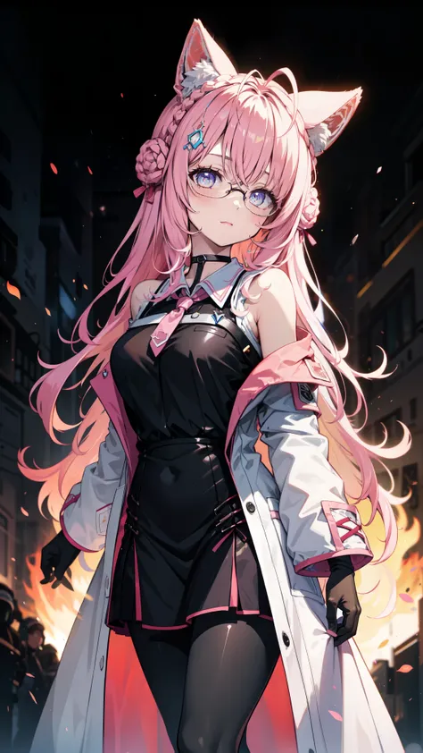  Imagine an 8k   ,      high resolution    , Movie,  search officer，A woman with a beautiful mature face and long pink hair,   animal ears  ,    a shiny black dress   ,     black leggings   ,  white coat, headdress,    glasses, Tail,  under dim lighting  ,...