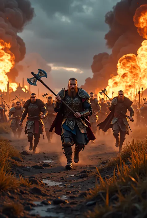 **Prompt:** Create an intricately detailed landscape scene of a Viking raiders tribe army during the medieval age, showcasing hyper-realism and a symmetrical composition. Capture the scene from an ultra-wide angle to immerse the viewer in this burning medi...