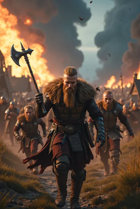 **Prompt:** Create an intricately detailed landscape scene of a Viking raiders tribe army during the medieval age, showcasing hyper-realism and a symmetrical composition. Capture the scene from an ultra-wide angle to immerse the viewer in this burning medi...