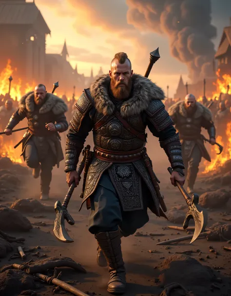 **Prompt:** Create an intricately detailed landscape scene of a Viking raiders tribe army during the medieval age, showcasing hyper-realism and a symmetrical composition. Capture the scene from an ultra-wide angle to immerse the viewer in this burning medi...