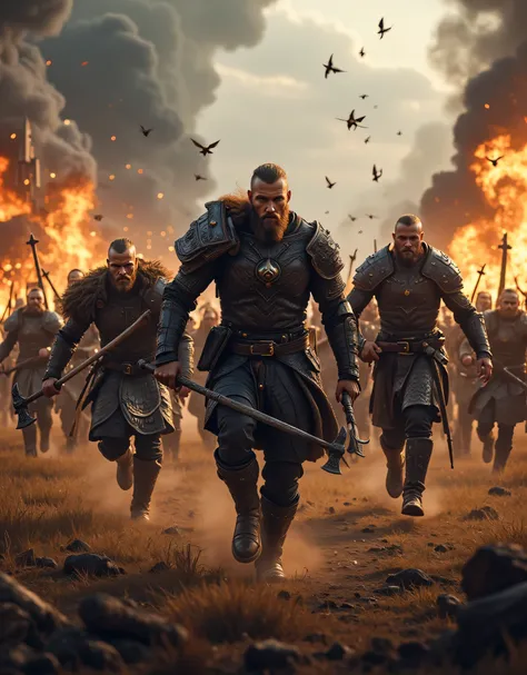 **Prompt:** Create an intricately detailed landscape scene of a Viking raiders tribe army during the medieval age, showcasing hyper-realism and a symmetrical composition. Capture the scene from an ultra-wide angle to immerse the viewer in this burning medi...