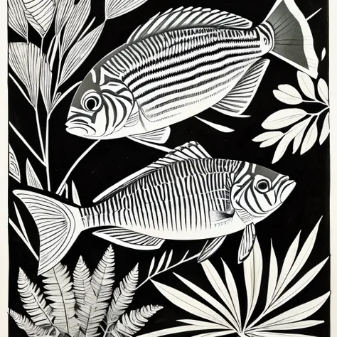 zebra fish in black and white with yellow stripes laying on leaves, by Elizabeth Jane Lloyd, an illustration of, finely detailed illustration, detailed illustration, ancient fish, by Richard Mayhew, h. hydrochaeri, by Betty Merken, highly detailed drawing,...