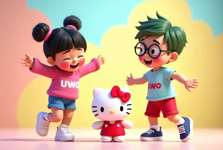 Prompt:
A 3D Pixar-style animation of Uwu and Owo dancing joyfully together, with a Hello Kitty plush standing between them. Uwu, a cute  girl with two buns on top and bangs framing her flushed cheeks, wears a pink sweater with "uwu" written in white font,...