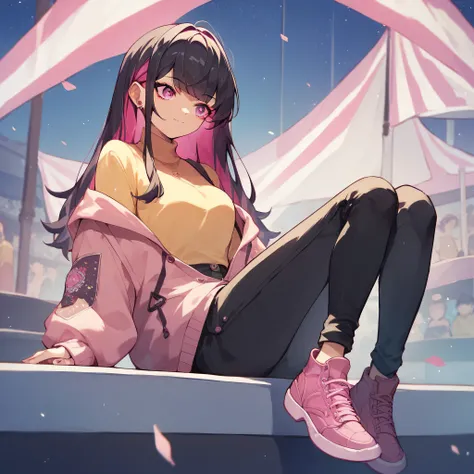 1girl, long black hair with magenta highlights, magenta eyes, yellow shirt, pink sweater, black pants, pink shoes, sitting on the edge of a stage looking at the night sky, anime style, digital art, ager