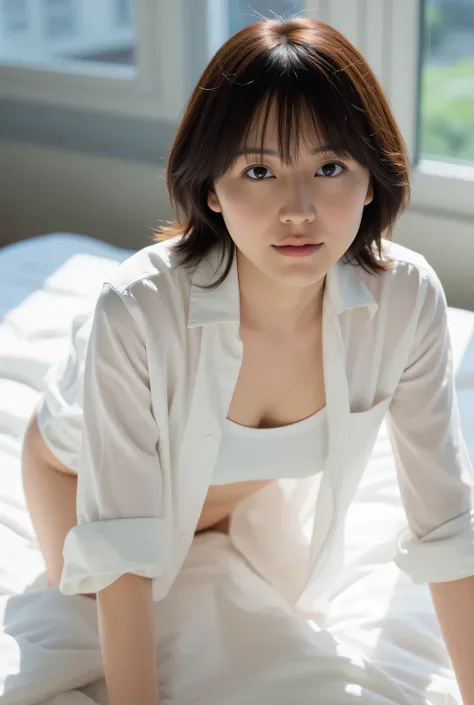 ((( low angle shot 、 biologically accurate images、 staring at the camera :1.22, lean forward , loose open shirt 、 underwear))), Japanese Woman 1, hotel room、 Indirect Lighting、 nudes, completely naked,