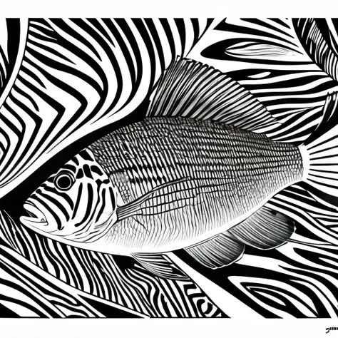 zebra fish in black and white with yellow stripes laying on leaves, an illustration of by Elizabeth Jane Lloyd, cg society contest winner, op art, finely detailed illustration, detailed illustration, ancient fish, h. hydrochaeri, highly detailed drawing, a...