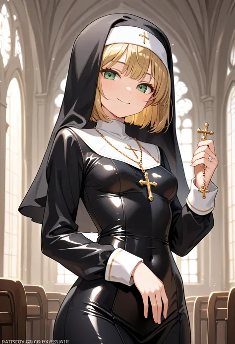 masterpiece, best quality, 1girl, solo, cowboy shot, (bright gold hair:1.2), (bob hair:1.3), green eyes, small breasts, babyface, (nun, black clothes, rosary:1.2), smile, perfect detail, ultra detail, ray tracing, shiny oiled skin, super shiny skin, glossy...