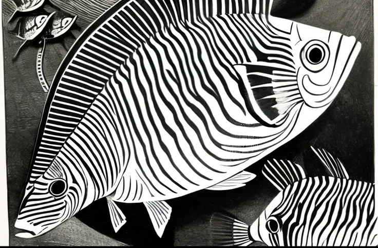 zebra fish in black and white with yellow stripes laying on leaves, by Elizabeth Jane Lloyd, an illustration of, finely detailed illustration, detailed illustration, ancient fish, by Richard Mayhew, h. hydrochaeri, by Betty Merken, highly detailed drawing,...