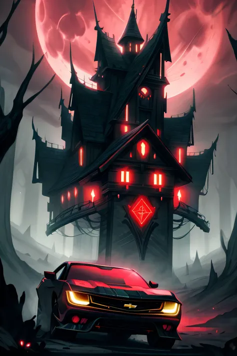 masterpiece, best quality, High image quality,( super flat , Flat Shading ) Arafed, Dark fantasy art, Art Deco style, fantasy art, goth art, Chevrolet Camaro as a vampire car, black car, red lights, fangs driving at night, red clouds, full moon, GlowingRu...