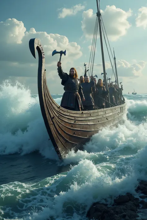 **Prompt:** Design a breathtakingly detailed landscape scene depicting a Viking seafaring army navigating the long wooden boat on the tumultuous waters of the medieval North Sea. Showcase hyper-realism in the composition, featuring a long size Viking long ...