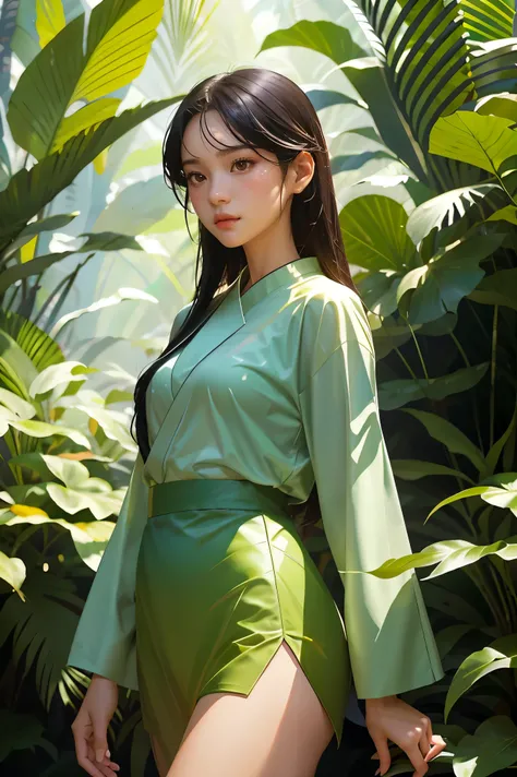 1girl  standing in a jungle with plants, artwork in the style of guweiz, inspired by Yanjun Cheng, in a tropical forest, by Yang J, in the art style of bowater, 🌺 cgsociety, loish and ross tran, in a jungle, by Ni Tian, by Ryan Yee, loish and wlop