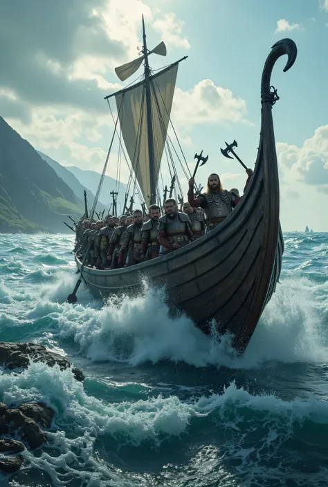 **Prompt:** Design a breathtakingly detailed landscape scene depicting a Viking seafaring army navigating the long wooden boat on the tumultuous waters of the medieval North Sea. Showcase hyper-realism in the composition, featuring a long size Viking long ...