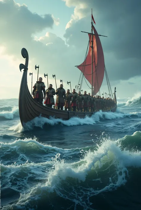 **Prompt:** Design a breathtakingly detailed landscape scene depicting a Viking seafaring army navigating the long wooden boat on the tumultuous waters of the medieval North Sea. Showcase hyper-realism in the composition, featuring a long size Viking long ...