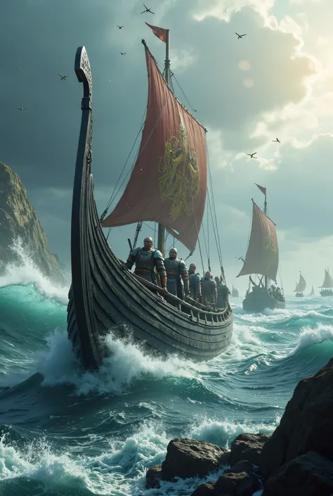 **Prompt:** Design a breathtakingly detailed landscape scene depicting a Viking seafaring army navigating the long wooden boat on the tumultuous waters of the medieval North Sea. Showcase hyper-realism in the composition, featuring a long size Viking long ...