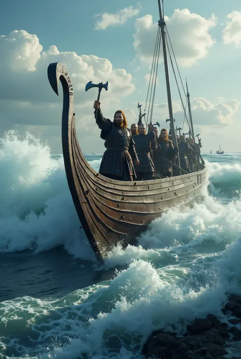 **Prompt:** Design a breathtakingly detailed landscape scene depicting a Viking seafaring army navigating the long wooden boat on the tumultuous waters of the medieval North Sea. Showcase hyper-realism in the composition, featuring a long size Viking long ...