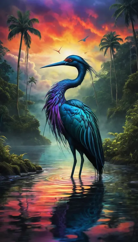 An enchanting and dark fantasy optical illusion artwork, featuring a mesmerizing, elongated bird-like creature. The fluid-like, blurry form of the creature, made of water, seamlessly merges with the surrounding tropical landscape. The vibrant, colorful sky...