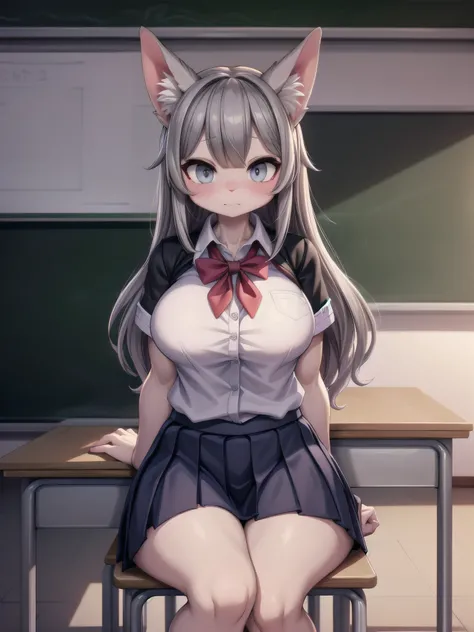 (big sagging boobs:0.75), school uniform, Gray Hair, Thick legs. shy, classroom,