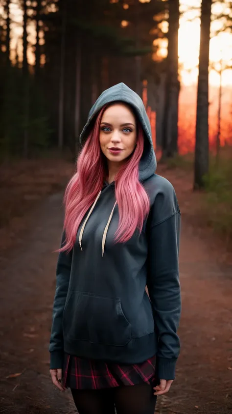  masterpiece,  best quality, absurdities,  perfect anatomy ,  pink haired, freckles,    alone, LegionSusie  ,  plaid skirt,  pantyhose ,  hoodie, hood up, dark,  forest, night,  arms behind the back, 