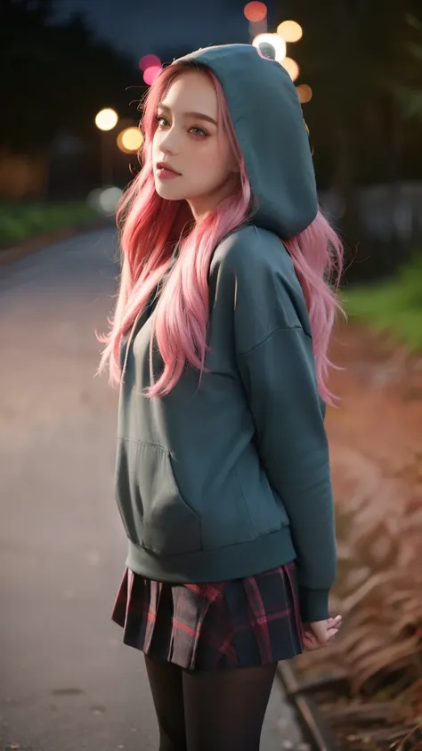  masterpiece,  best quality, absurdities,  perfect anatomy ,  pink haired, freckles,    alone, LegionSusie  ,  plaid skirt,  pantyhose ,  hoodie, hood up, dark,  forest, night,  arms behind the back, 