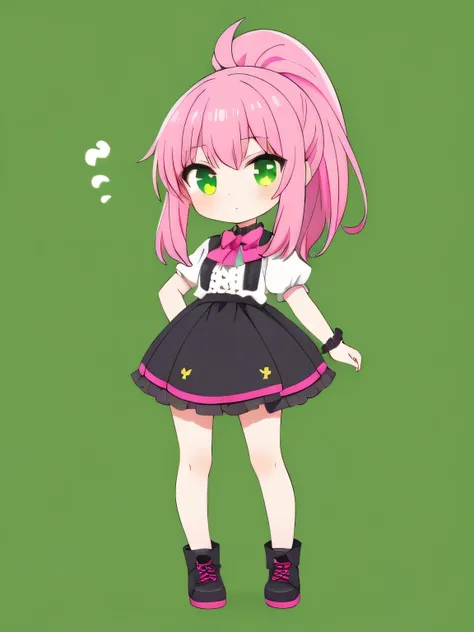 1gairl,chibi,green background,pink hair,high ponytail,full body, ,standing, frontal pose,medium hair