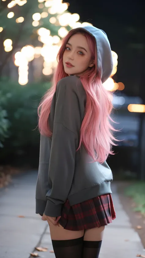  masterpiece,  best quality, absurdities,  perfect anatomy ,  pink haired, freckles,    alone, LegionSusie  ,  plaid skirt,  pantyhose ,  hoodie, hood up, dark,  forest, night,  plaid skirt arms behind back, 