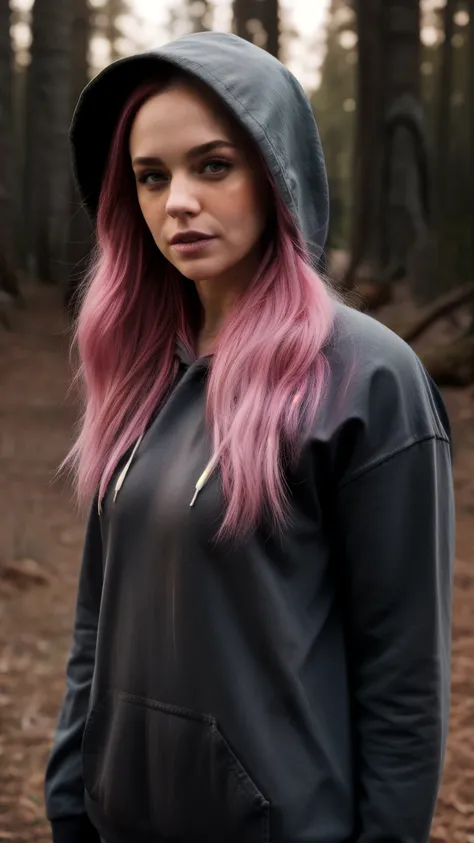  masterpiece,  best quality, absurdities,  perfect anatomy , 1 ,  alone, LegionSusie , freckles,  pink hair,  hoodie, hood up, dark,  forest, night,  arms behind the back, 