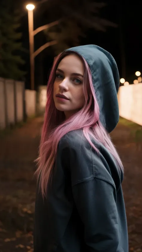  masterpiece,  best quality, absurdities,  perfect anatomy , 1 ,  alone, LegionSusie , freckles,  pink hair,  hoodie, hood up, dark,  forest, night,  arms behind the back, 