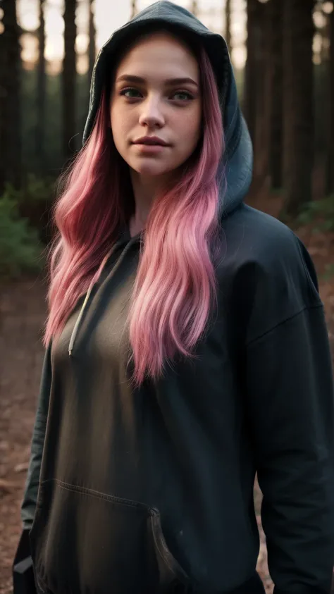  masterpiece,  best quality, absurdities,  perfect anatomy , 1 ,  alone, LegionSusie 16 anos, freckles,  pink hair,  hoodie, hood up, dark,  forest, night,  arms behind the back, 