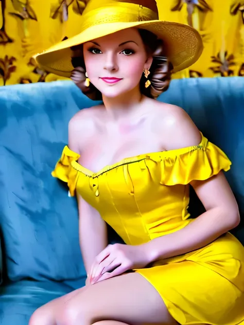 arafed woman in a yellow dress and hat sitting on a couch, a portrait inspired by Evaline Ness, flickr, art nouveau, dressed like in the 1940s, ww2 era, 1940s, 1 9 4 0 s, like rolf armstrong style, 1 9 4 0's, 1930s