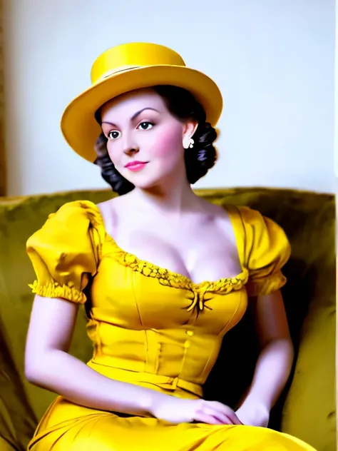 arafed woman in a yellow dress and hat sitting on a couch, a portrait inspired by Evaline Ness, flickr, art nouveau, dressed like in the 1940s, ww2 era, 1940s, 1 9 4 0 s, like rolf armstrong style, 1 9 4 0's, 1930s